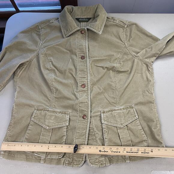 Eddie Bauer Jacket Womens XL Tan Beige Stretch Corduroy Boho Cargo Pocket Chore - Picture 11 of 16